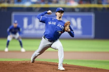 Toronto Blue Jays starting pitcher Shane Bieber (57) throws a pitch against the Tampa Bay Rays in the first inning at Tropicana Field.