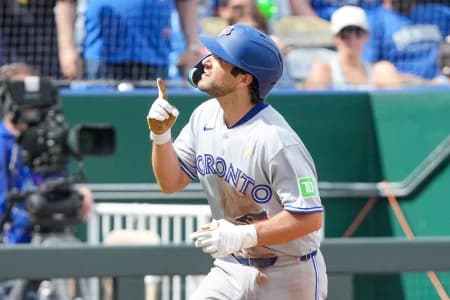 Toronto Blue Jays second baseman Josh Smith (9) celebrates while running the bases against the Kansas City Royals after hitting a solo home run in the sixth inning at Kauffman Stadium