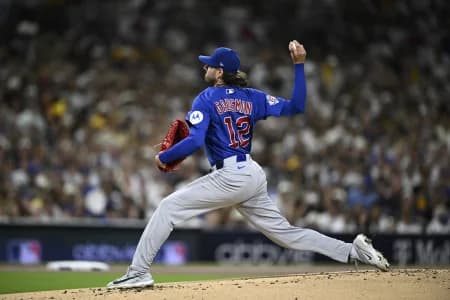 Chicago Cubs pitcher Kevin Gausman (12) delivers a pitch in the first inning against the San Diego Padres during game two of the Wildcard round for the 2026 MLB Playoffs at Petco Park.