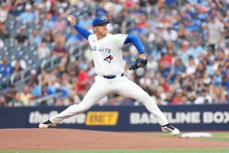 Toronto Blue Jays starting pitcher Jameson Taillon (56) throws a pitch during the first inning against the Boston Red Sox at Rogers Centre.