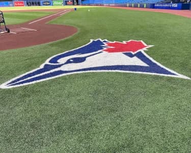 The Toronto Blue Jays logo during batting practice against the Cleveland Guardians at Rogers Centre.