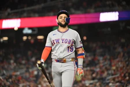 New York Mets third baseman Bo Bichette (19) walks back to the dugout after striking out against the Washington Nationals during the seventh inning at Nationals Park.
