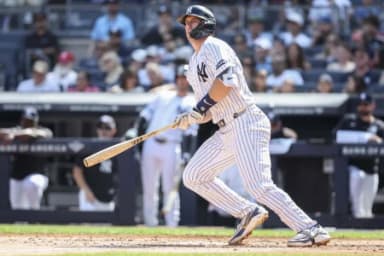 New York Yankees first baseman Paul Goldschmidt (48) hits a double in the fourth inning against the New York Mets at Yankee Stadium.