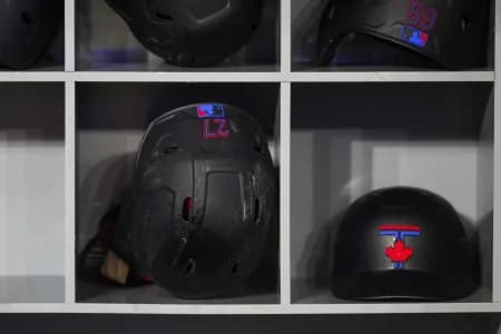The City Connect helmet of Toronto Blue Jays first baseman Vladimir Guerrero Jr. (27) rests in the dugout before a MLB game against the Cleveland Guardians at Rogers Centre
