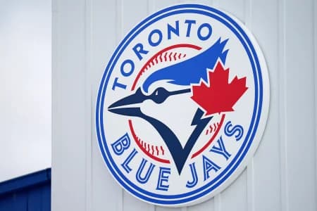 A detailed view of the Toronto Blue Jays logo on a building at TD Ballpark during the spring training game between the Toronto Blue Jays and the Philadelphia Phillies.