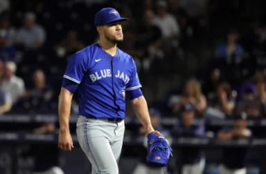 Toronto Blue Jays starting pitcher Jose Berrios (17) walks to the dugout after he pitched the fourth inning against the Tampa Bay Rays at George M. Steinbrenner Field.