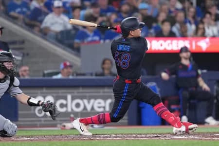 Toronto Blue Jays second baseman Luis Urias (48) hits a home run against the Chicago White Sox during the fourth inning at Rogers Centre.