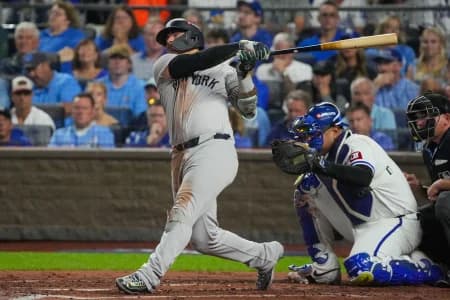 New York Yankees second baseman Gleyber Torres (25) at bat against the Kansas City Royals during game four of the NLDS for the 2024 MLB Playoffs at Kauffman Stadium