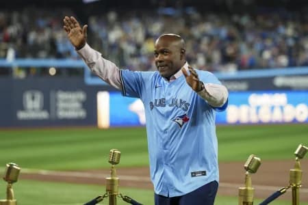 Carlos Delgado former Toronto Blue Jays waves to the fans during a pregame celebration before a game between the Toronto Blue Jays and Seattle Mariners at Rogers Centre.