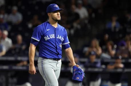 Toronto Blue Jays starting pitcher Jose Berrios (17) walks to the dugout after he pitched the fourth inning against the Tampa Bay Rays at George M. Steinbrenner Field