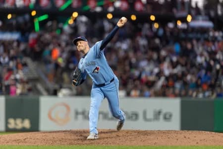 Toronto Blue Jays pitcher Patrick Corbin (46) throws a pitch during the sixth inning against the San Francisco Giants at Oracle Park.