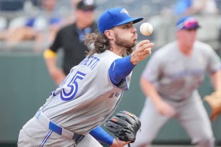 Toronto Blue Jays starting pitcher Spencer Arrighetti (45) delivers a pitch against the Kansas City Royals during the first inning at Kauffman Stadium.