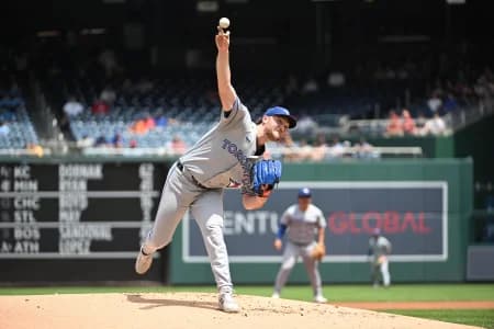 Toronto Blue Jays pitcher Trey Yesavage (39) throws to the Washington Nationals during the first inning at Nationals Park.