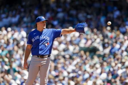 Toronto Blue Jays starting pitcher Trey Yesavage (39) receives a new baseball during the second inning against the Seattle Mariners at T-Mobile Park.