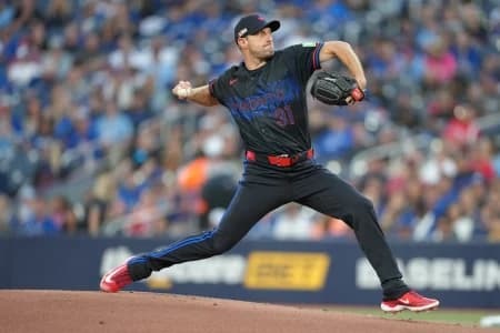 Toronto Blue Jays starting pitcher Max Scherzer (32) throws a pitch against the Baltimore Orioles during the first inning at Rogers Centre.