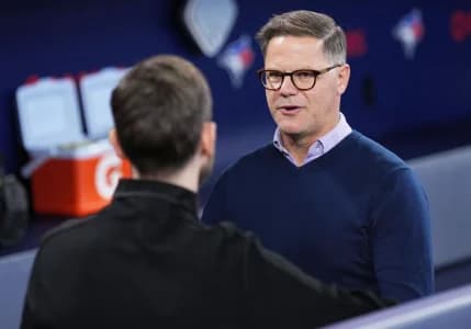 Toronto Blue Jays Executive Vice President Baseball Operations General Manager Ross Atkins speaks to the media during batting practice against the New York Yankees at Rogers Centre