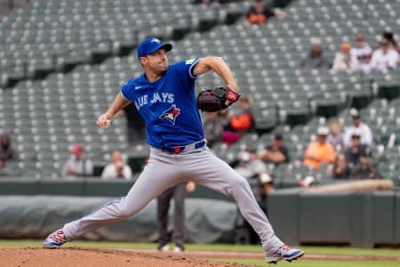 Toronto Blue Jays pitcher Max Scherzer (31) delivers a pitch during the third inning at Oriole Park at Camden Yard