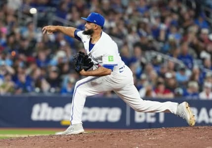 Toronto Blue Jays relief pitcher Yimi García (93) throws a pitch against the Cleveland Guardians during the ninth inning at Rogers Centre.