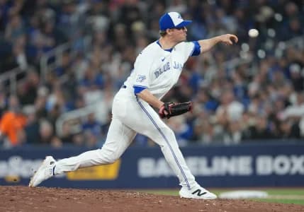 Toronto Blue Jays relief pitcher Joe Mantiply (35) throws a pitch against the Los Angeles Dodgers during the sixth inning at Rogers Centre.