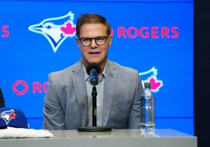 Toronto Blue Jays general manager Ross Atkins speaks to the media during the press conference room at Rogers Centre