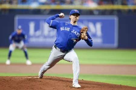 Toronto Blue Jays starting pitcher Shane Bieber (57) throws a pitch against the Tampa Bay Rays in the first inning at Tropicana Field.