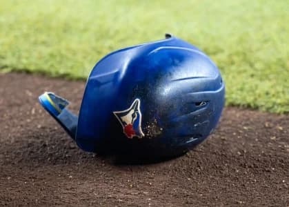 Detailed view of the batting helmet of Toronto Blue Jays first baseman Vladimir Guerrero Jr. in the first inning against the Arizona Diamondbacks at Chase Field.