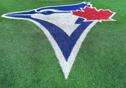 A general view of the Toronto Blue Jays logo during Opening Day before a game against the Baltimore Orioles at Rogers Centre