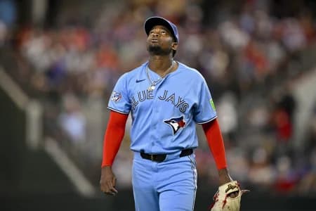 Toronto Blue Jays pitcher Jose Soriano (40) walks off the field after he pitches against the Texas Rangers during the first inning at Globe Life Field.