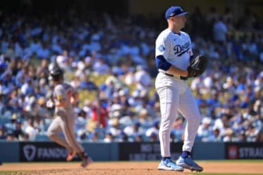 Los Angeles Dodgers starting pitcher Tarik Skubal (29) looks on from the mound after giving up a solo home run to Atlanta Braves catcher Sean Murphy (12) in game one of the NLDS of the 2026 MLB Playoffs at Uniqlo Field at Dodger Stadium.