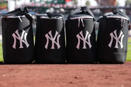 Equipment bags with the New York Yankees logo sit on the field before the game against the San Francisco Giants at Oracle Park.
