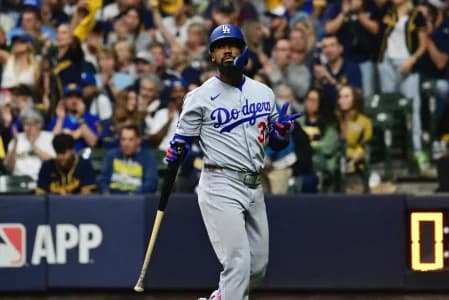 Los Angeles Dodgers outfielder Teoscar Hernandez (37) in game one of the NLCS for the 2026 MLB Playoffs at American Family Field.