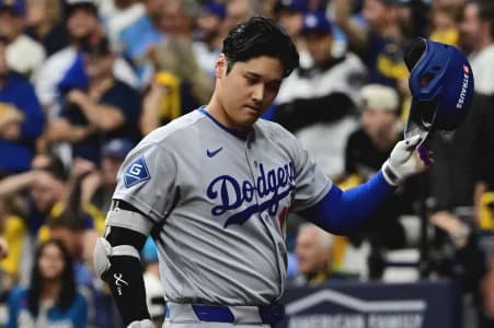 Los Angeles Dodgers pitcher Shohei Ohtani (17) reacts during the eighth inning against the Milwaukee Brewers in game one of the NLCS for the 2026 MLB Playoffs at American Family Field.