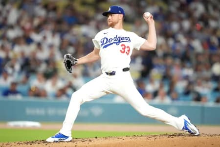 Los Angeles Dodgers pitcher Eric Lauer (33) pitches during the second inning against the St. Louis Cardinals at Dodger Stadium.