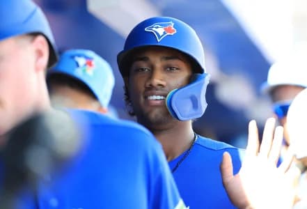 Toronto Blue Jays shortstop Arjun Nimmala (18) scores a run during the second inning against Team Canada at TD Ballpark