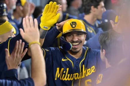 Milwaukee Brewers third baseman David Hamilton (6) celebrates after a solo home run against the Los Angeles Dodgers during the ninth inning in game four of the NLCS for the 2026 MLB Playoffs at Uniqlo Field at Dodger Stadium.