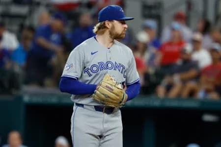 Toronto Blue Jays starting pitcher Spencer Miles (62) throws during the first inning against the Texas Rangers at Globe Life Field.