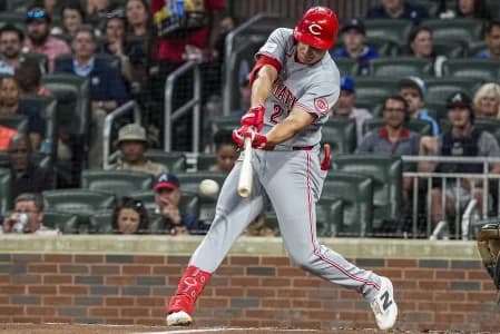 Cincinnati Reds left fielder JJ Bleday (22) hits a single against the Atlanta Braves during the second inning at Truist Park.