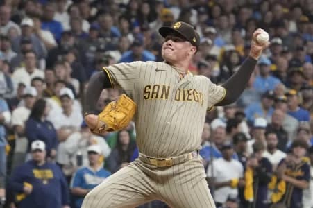 San Diego Padres pitcher Adrian Morejon (50) pitches against the Milwaukee Brewers during the seventh inning at American Family Field.
