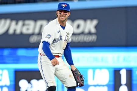 Toronto Blue Jays second baseman Ernie Clement (22) reacts after throwing out Detroit Tigers catcher Eduardo Valencia (not shown) in the second inning at Rogers Centre.