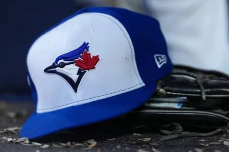 A detailed view of a Toronto Blue Jays hat in the sixth inning for game seven of the 2025 MLB World Series at Rogers Centre.