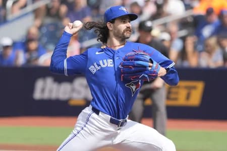 Toronto Blue Jays starting pitcher Dylan Cease (84) pitches to the Baltimore Orioles during the first inning at Rogers Centre.