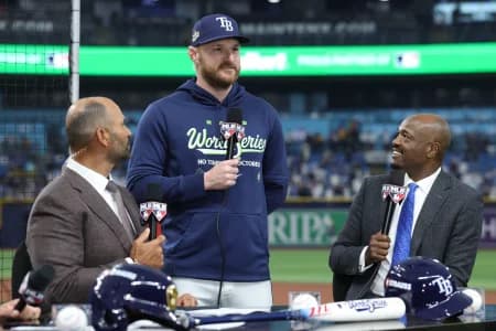 Tampa Bay Rays pitcher Bryan Baker (47) is interviewed before game five of the 2026 World Series against the Milwaukee Brewers at Tropicana Field.